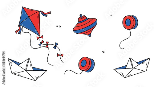 Collection of Hand-Drawn Childrens Toys - Kites, Spinning Tops, Yo-Yos, and Paper Boats.