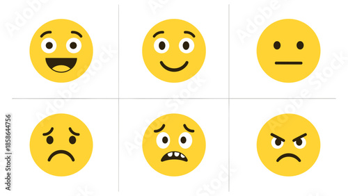 Set of smiling and frowning emoji faces displaying various emotions on yellow background