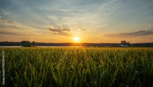 Sunset over a lush green co...