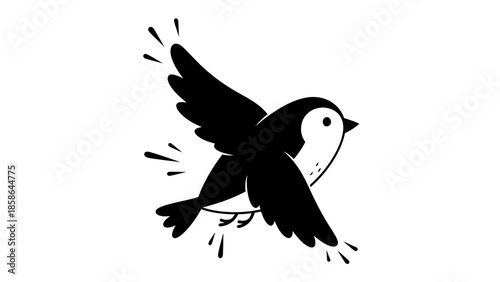 Energetic Black Silhouette Bird Flying with Chirping Lines on Isolated White Background