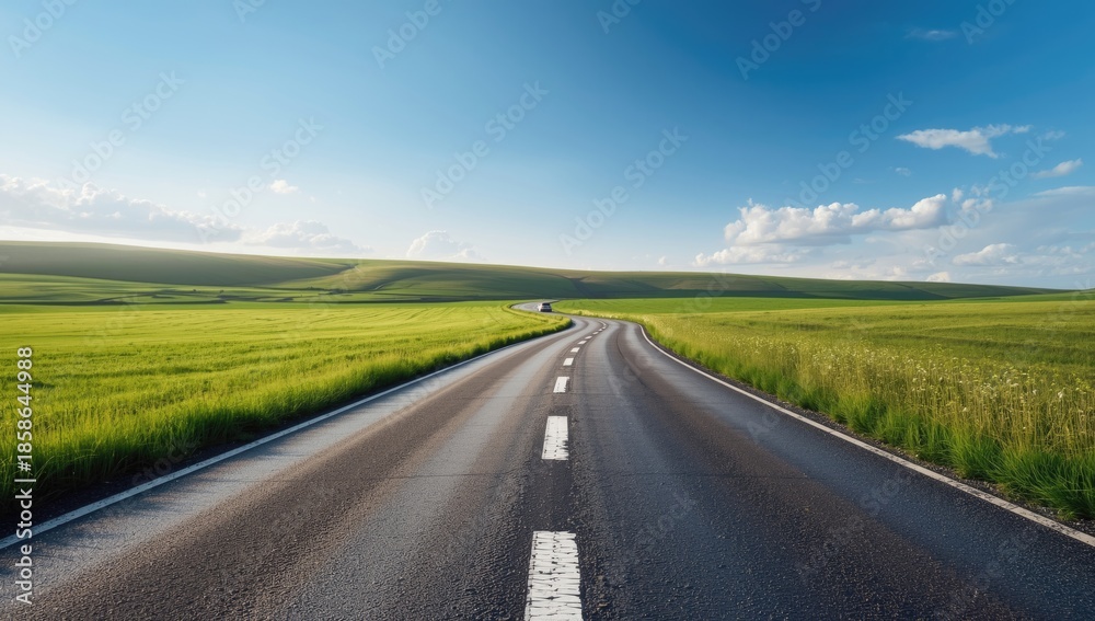 Fototapeta premium Rural pathway through open fields, suitable for scenic drives and seasonal travel planning