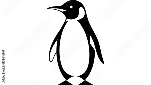 Simple black and white geometric penguin standing, cute animal design, arctic bird, isolated white background