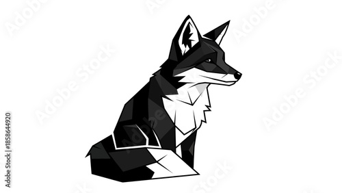 Geometric black and white fox sitting and looking to the side, modern abstract animal design, isolated white background