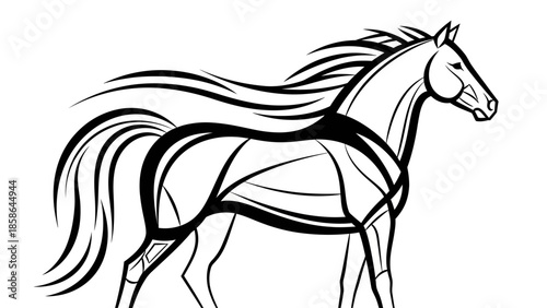 Majestic black and white stylized horse galloping with flowing lines, artistic design, isolated white background