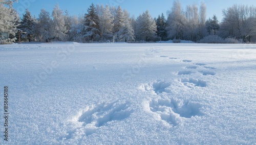 Footprints in snow across a park lawn, seasonal change and outdoor recreation, Winter