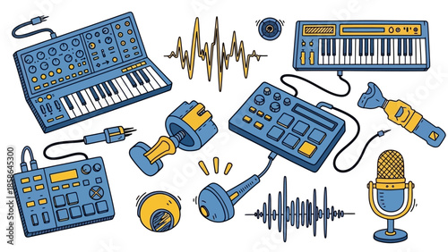 Collection of music production equipment and sound wave elements.