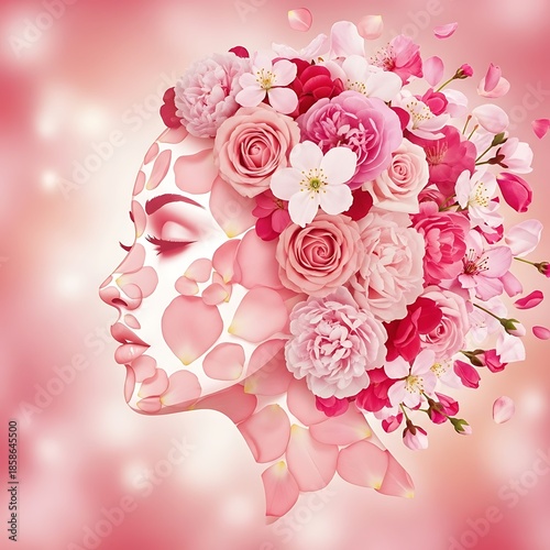 Beautiful pink floral arrangement forming a womans head in profile on colorful background with soft petals and flowers