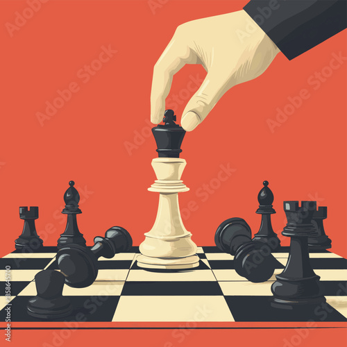 Hand moves a queen on a chessboard with fallen pieces , vector style simple color
