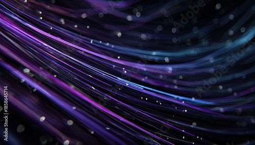 Wavy, glowing, purple and blue light trails with bokeh on a dark background