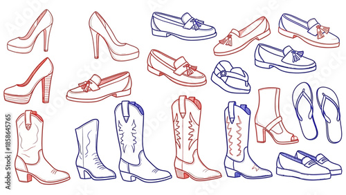 Collection of various hand-drawn shoes and boots in a doodle style.