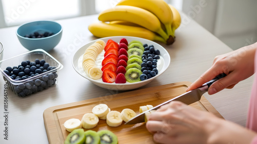 A woman cutting fruit into slices on a cutting board