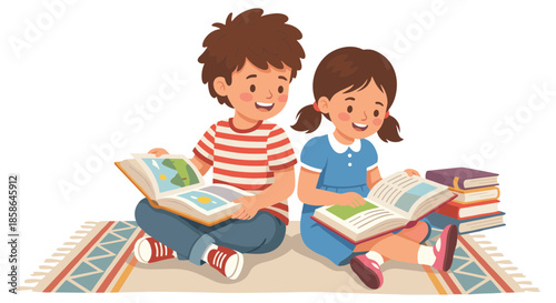Joyful Childhood Learning Two Happy Kids Engaged in Reading Books on a Cozy Rug, Fostering Knowledge and Imagination in a Playful Setting