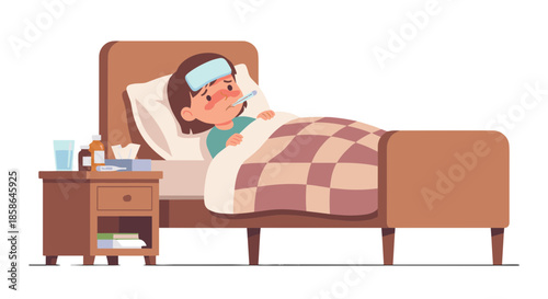Illustration of a person with a fever, unwell in bed, thermometer in mouth, symbolizing the discomfort of sickness and the journey towards health