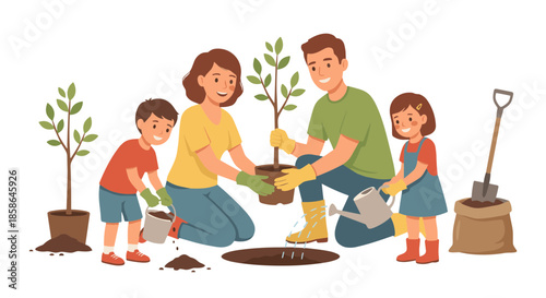 Happy family planting trees in the garden, parents teaching children about nature, environmental care, and the joy of growing things together as a loving unit