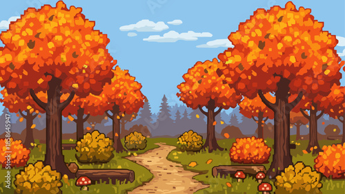 Charming pixel art autumn landscape with vibrant orange trees and rustic pathway