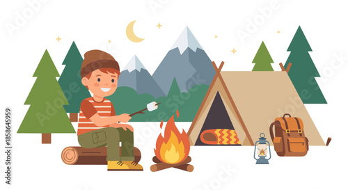 Boy camping, roasting marshmallow over campfire at night. Flat illustration of a joyful child enjoying outdoor adventure with tent, mountains, and starry sky