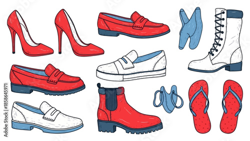 Collection of various shoes and footwear for men and women.