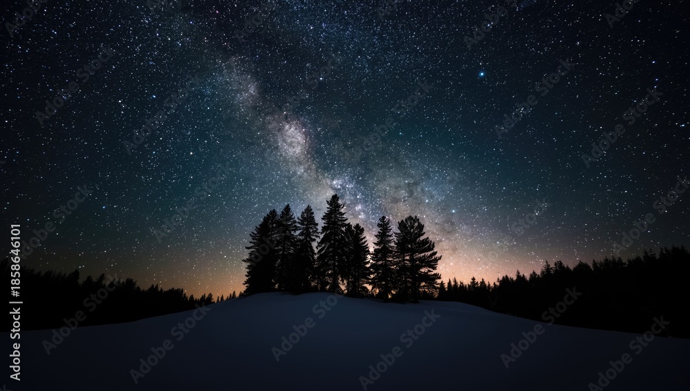 Fototapeta premium Night scene with silhouetted trees against a star-filled sky, emphasizing seasonal change, Earth Day