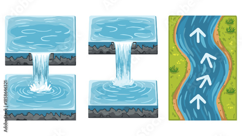 Isometric water flow illustration with waterfall, river, and arrows