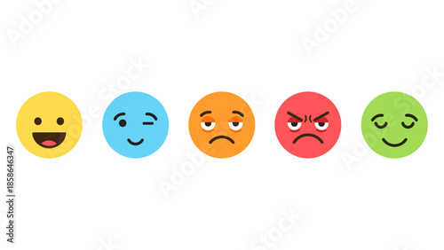 Colorful round emoji faces expressing varied emotions in flat design