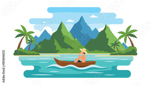 Serene scene of a man in a hat peacefully paddling a small boat on a calm tropical sea, surrounded by lush palm trees and majestic mountains, enjoying tranquil nature.