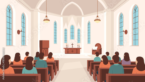 Attentive congregation seated in a minimalist church interior featuring simple windows, participating in a solemn religious service at a modest altar, fostering spiritual connection.