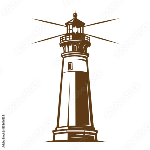 Vintage brown lighthouse with rotating light on top and transparent background for design use