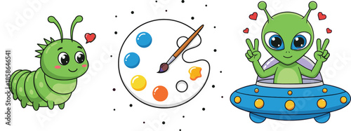 Cute cartoon alien characters and painting palette illustration set with UFO, creativity, and playful sci-fi theme