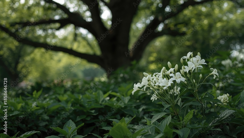 Fototapeta premium White blossoms thriving in shaded tree areas, ideal for floral pattern backgrounds