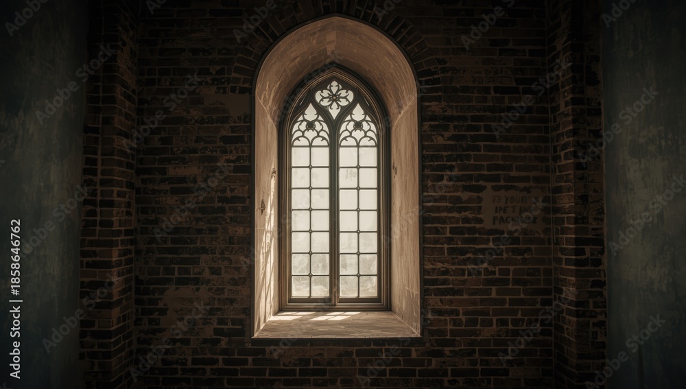 Fototapeta premium Ancient church window with aged glass emphasizing architectural heritage