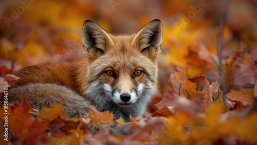 Red fox lying in colorful f...