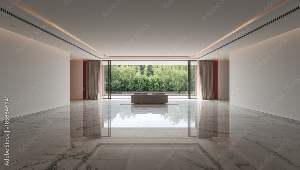 Obraz premium Contemporary villa interior featuring a wide living space with extensive window views, ideal for layout design