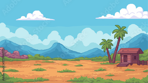 Cartoon desert landscape with cabin and palm trees