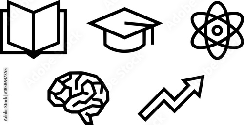 Education and knowledge line icon set. Vector illustration of open book, graduation cap, science atom symbol, human brain, and academic growth arrow isolated on white background.