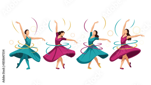 Four elegant female dancers in beautifully flowing colorful dresses, alternating between blue and pink, gracefully performing a ballet or contemporary dance with artistic swirling ribbons.