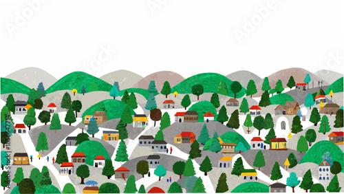 A colorful illustration depicting a small town nestled amongst rolling green hills