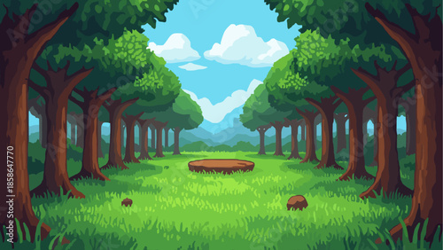 Peaceful sunny forest glade with green trees and blue sky in cartoon style