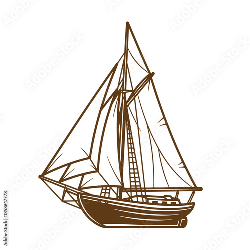 Vintage Brown sailboat with triangular sail on white background  sailing vessel illustration