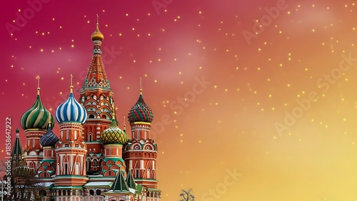 Saint Basil Cathedral with golden fireworks at sunset colorful domes