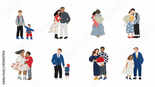 Diverse couples and families illustrated in a minimalist flat design style