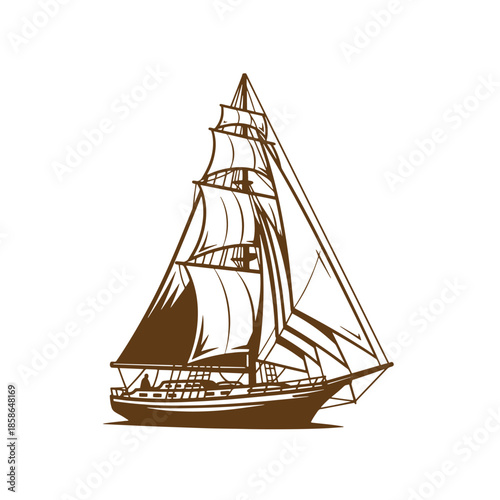 Vintage Brown sailing ship with multiple sails on white background  maritime vessel illustration