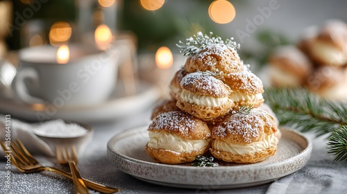 Christmas dessert pyramid of cream filled profiteroles on ceramic plate decorated with powdered sugar and festive lights