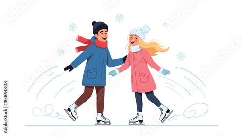 Joyful young couple, a man and a woman, happily ice skating together outdoors in a beautiful winter wonderland, surrounded by gently falling snowflakes, sharing a romantic moment.