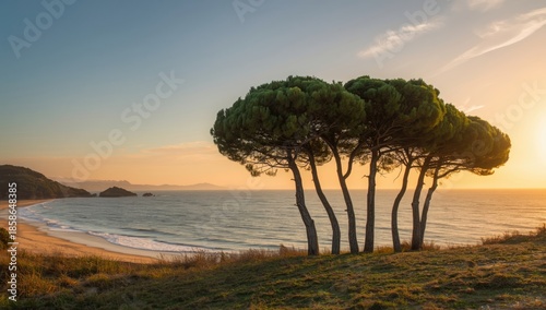Coastal scene with Stone Pine trees and sunset over a beach in Tuscany, Italy