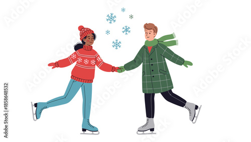 Delightful young couple, a man and a woman, happily ice skating together outdoors, holding hands amidst gently falling snowflakes, enjoying a romantic winter activity.