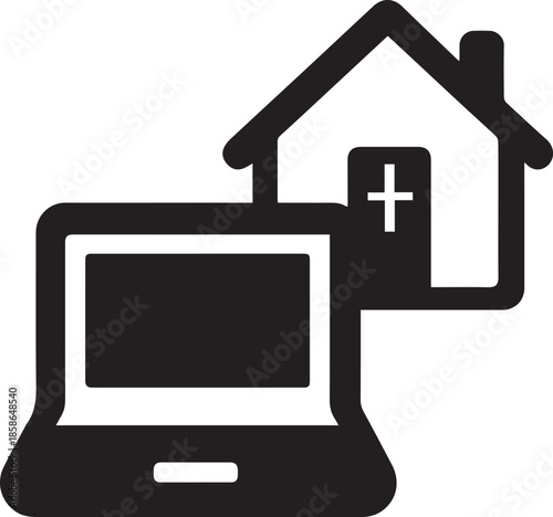 Online healthcare services laptop and house icon representing telehealth
