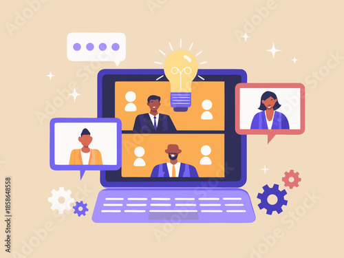Virtual meeting on a laptop with diverse participants and bright ideas