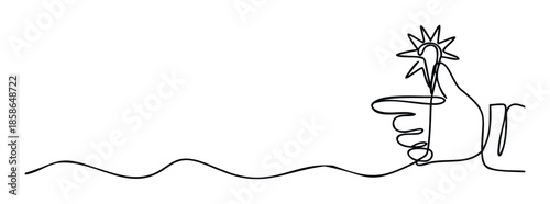 Continuous line drawing of a stylized hand making a thumbs up gesture with a radiant star burst above the thumb symbolizing a brilliant idea, success, or positive feedback for business