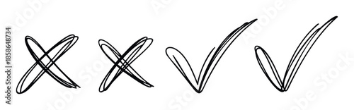 Energetic hand drawn scribble check and cross marks collection provides immediate visual feedback for task completion questionnaires and voting applications conveying agreement or