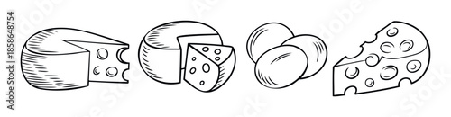 Assortment of dairy items including cheese wedges and whole eggs rendered in a clean sketch drawing style, ideal for cooking blogs, grocery store promotions, or culinary educational
